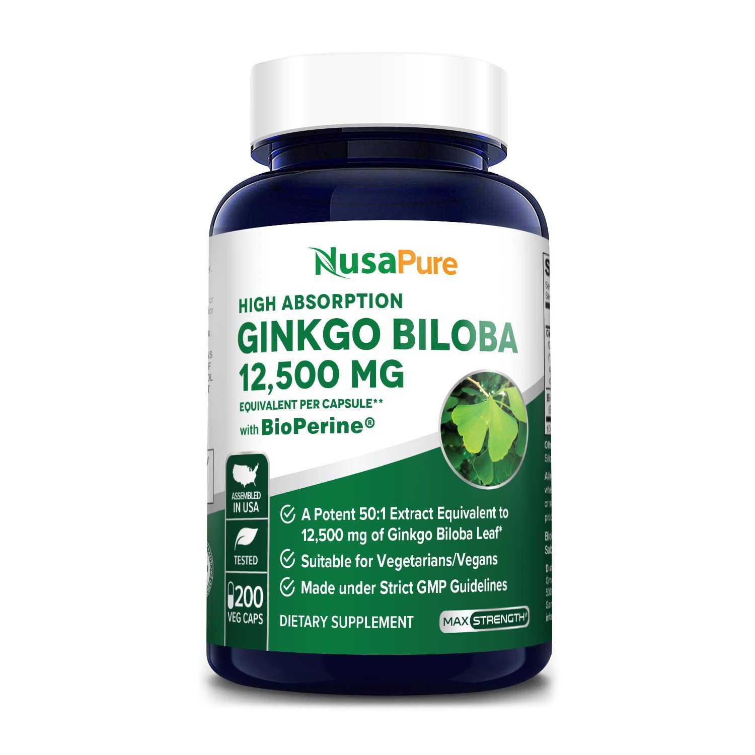 NusaPure Ginkgo Biloba Extract 12,500mg Per Veggie Caps 200 Capsules