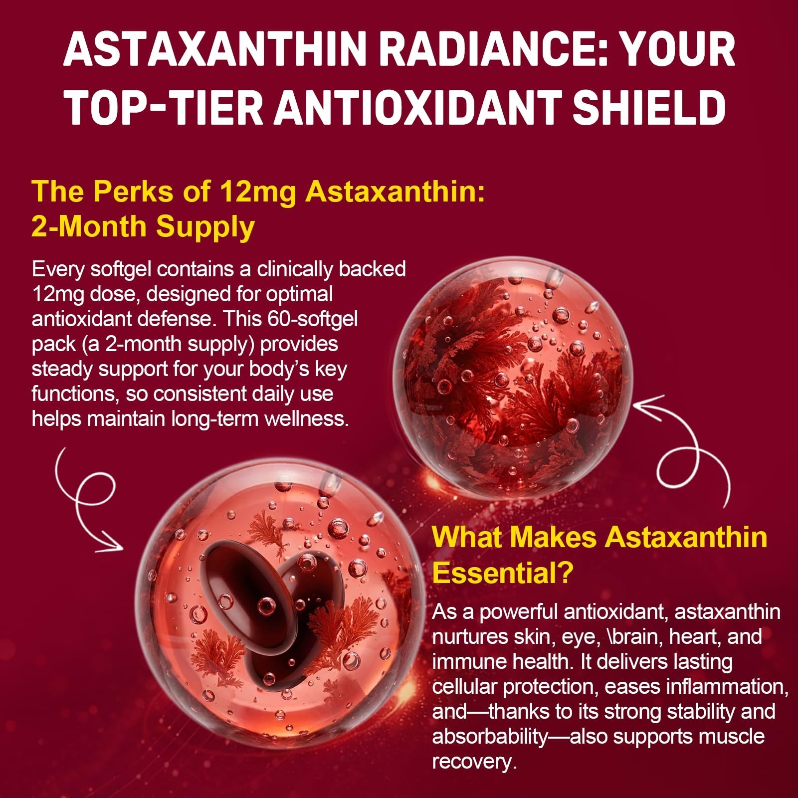 Astaxanthin 12mg with MCT Oil, 60 Softgels – Premium Antioxidant for Skin & Eye
