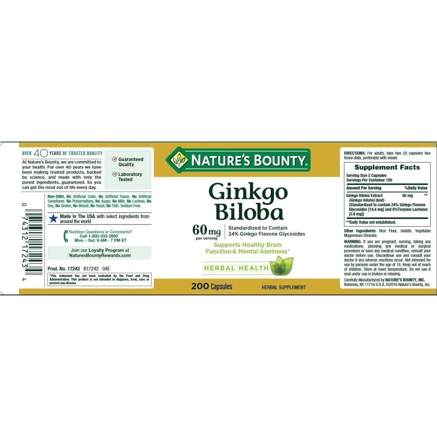 Natures Bounty Ginkgo Biloba 60 Mg 200 Capsules 17243