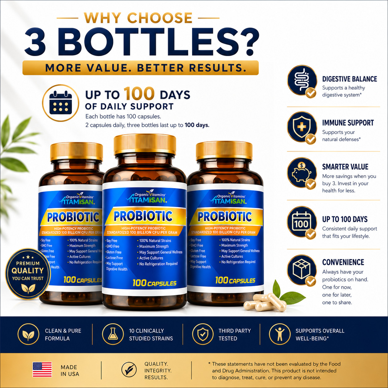 3 Bottles Probiotic 100 Billion CFU 100 Capsules Each Gut Health Wellness