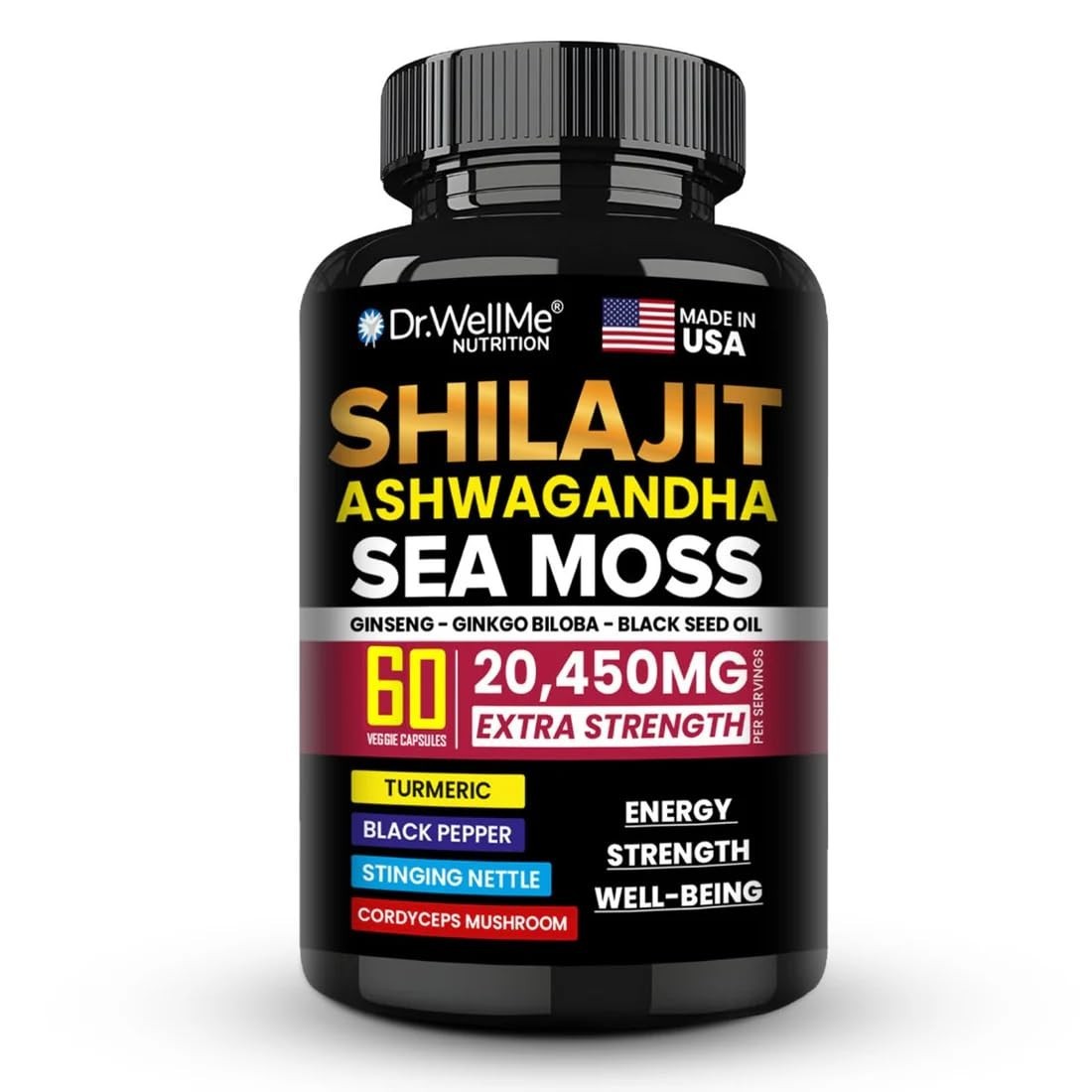 Shilajit Ashwagandha Sea Moss Ginseng Ginkgo Biloba Black Seed Oil 60 Veg Caps