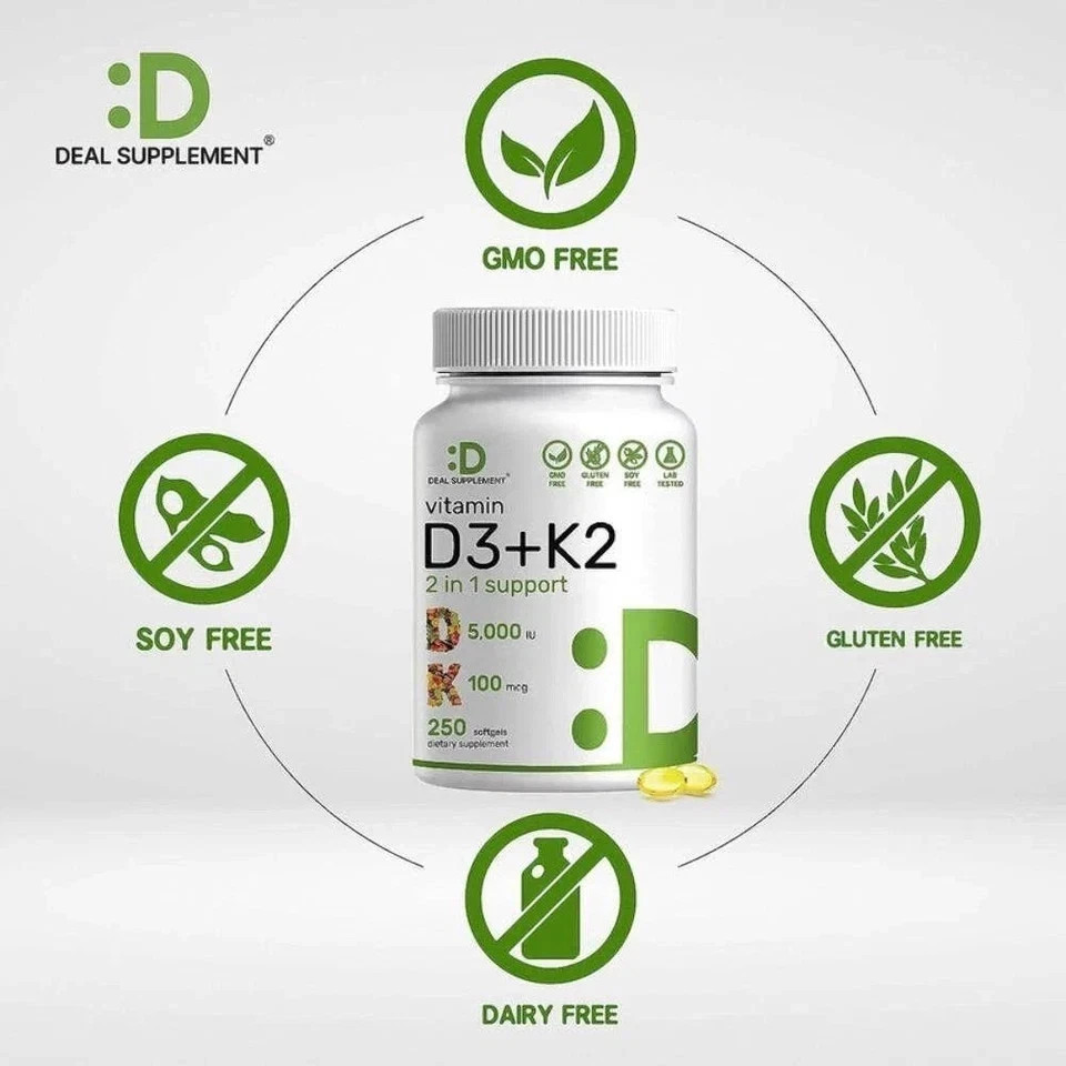 Vitamin D3 K2 250 Softgels Supports Bone Heart Teeth & Immune System Health