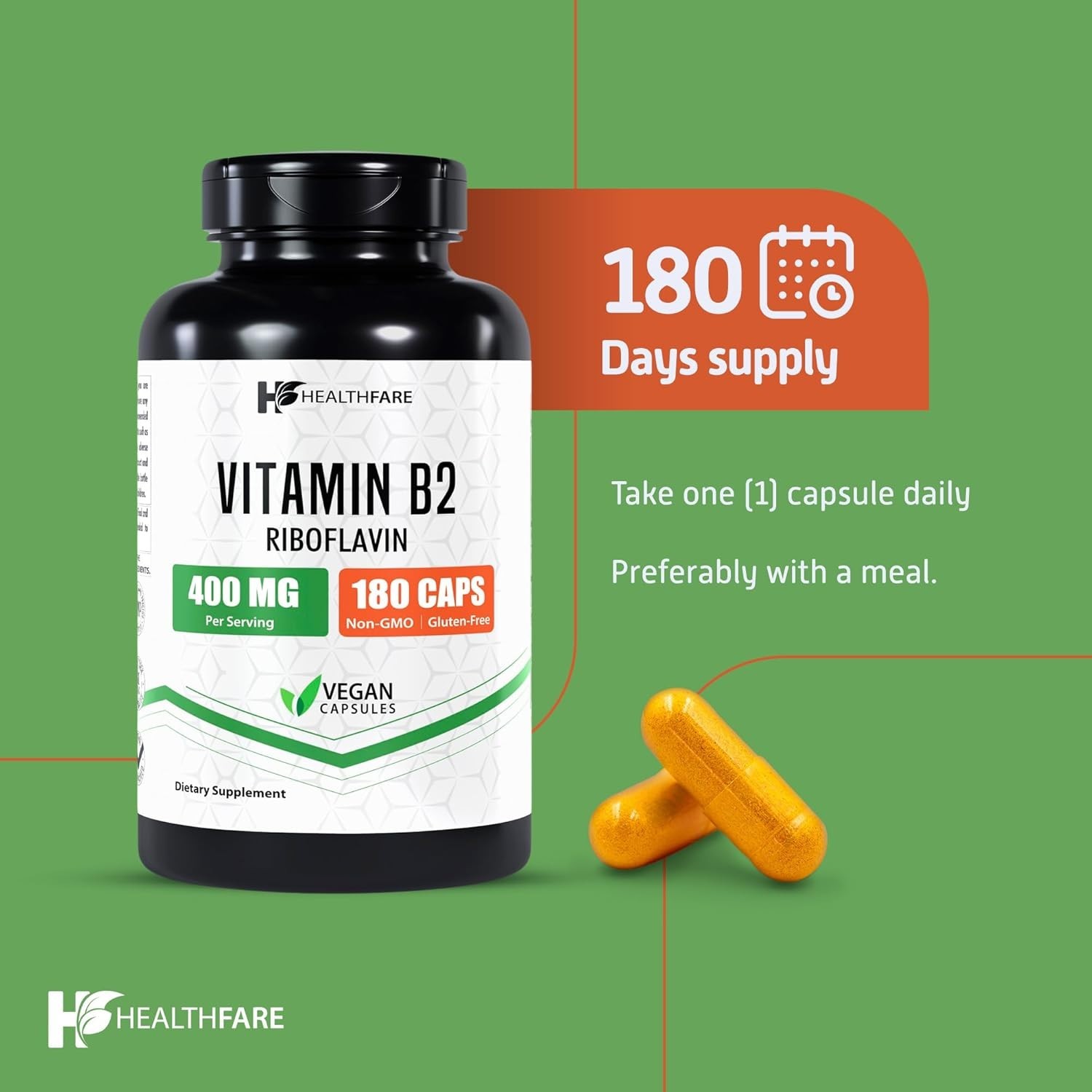Vitamin B2 400mg | 180 Capsules | Riboflavin | Gluten Free & Non-GMO HealthFare