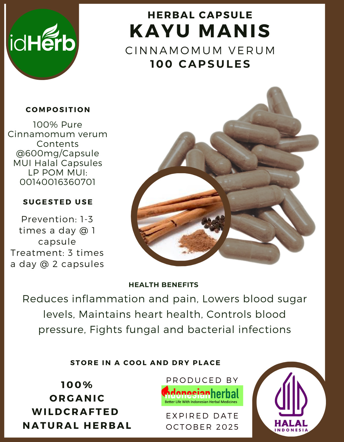 [idHerb] 100-800 Capsules Ceylon cinnamon Cinnamomum Verum Organic WildCrafted