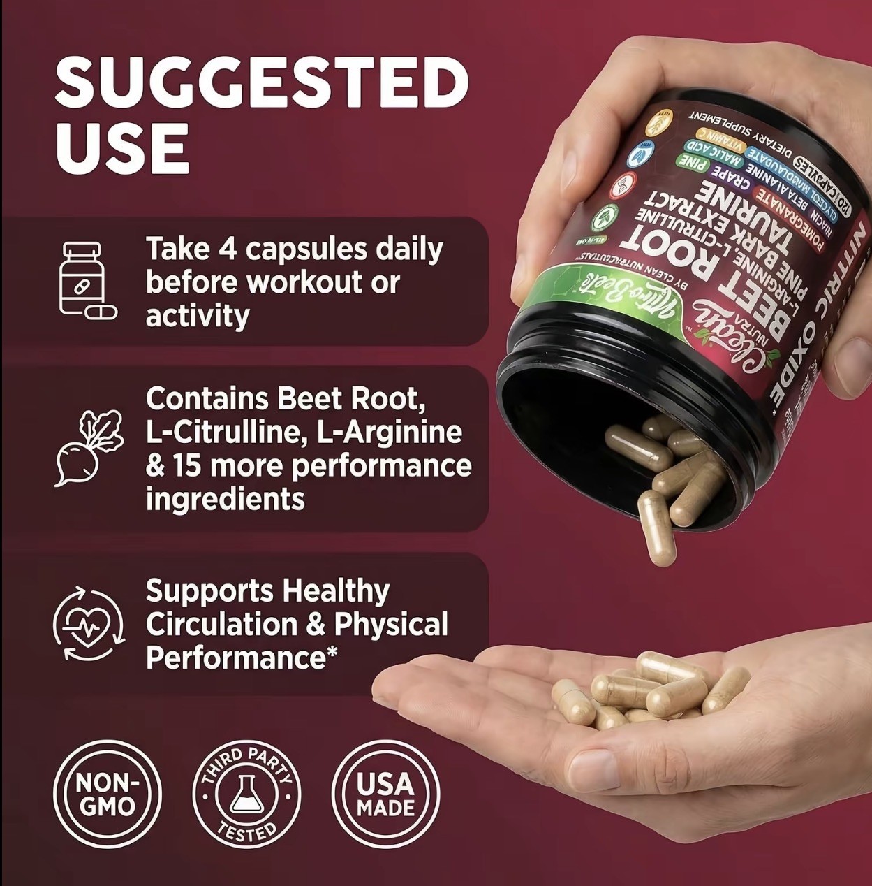Clean Nutra Beet Root L Arginine Citrulline Nitric Oxide 120 Vegan Caps