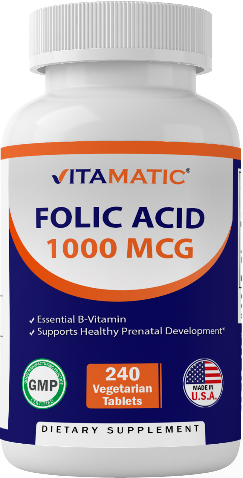Vitamatic Folic Acid 1000 mcg (1 mg) – 240 Vegetarian Tablets – 1667 mcg DFE