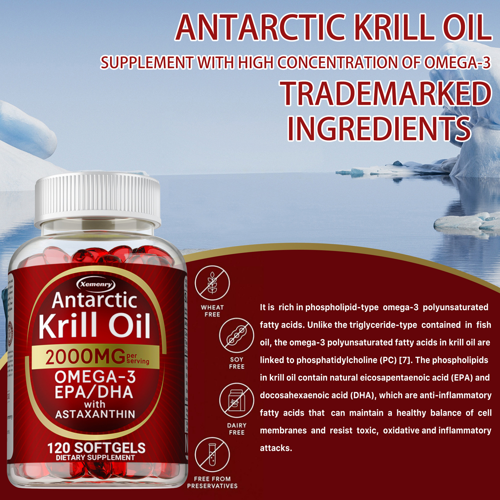 Antarctic Krill Oil 2000mg – Omega-3,EPA, DHA, Astaxanthin,Heart and Skin Health