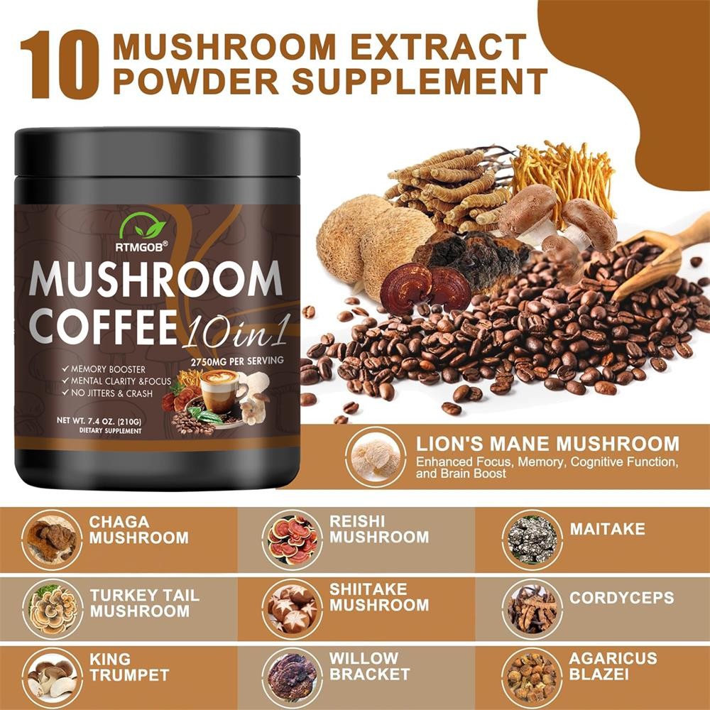 1-3x Organic Instant Coffee Powder Mushroom Coffee 210G Brain Memory Focus Boost