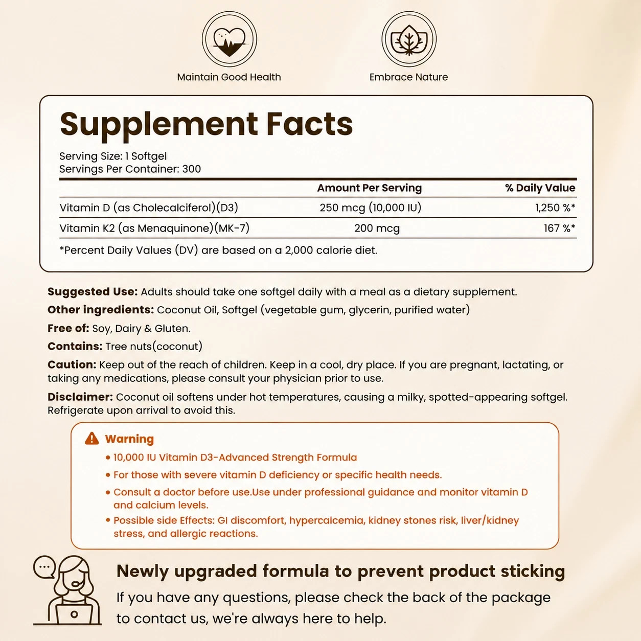 VEV Vitamin D3 10000IU K2 MK7 200mcg Coconut Oil Bone Immune Support 300 Count