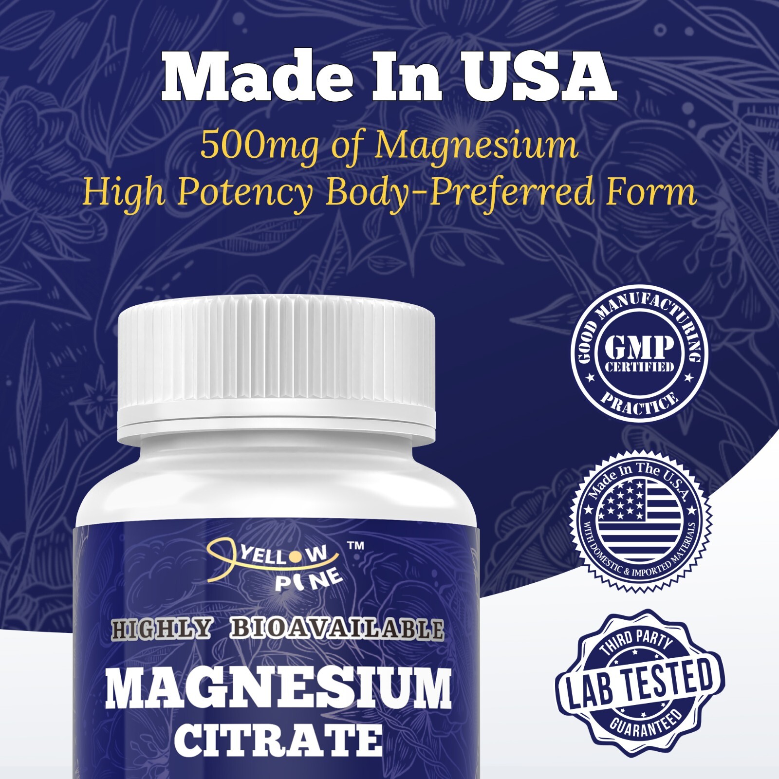 💖Yellow Pine 💖High Potency | 500mg Magnesium Citrate | 100 Tablets