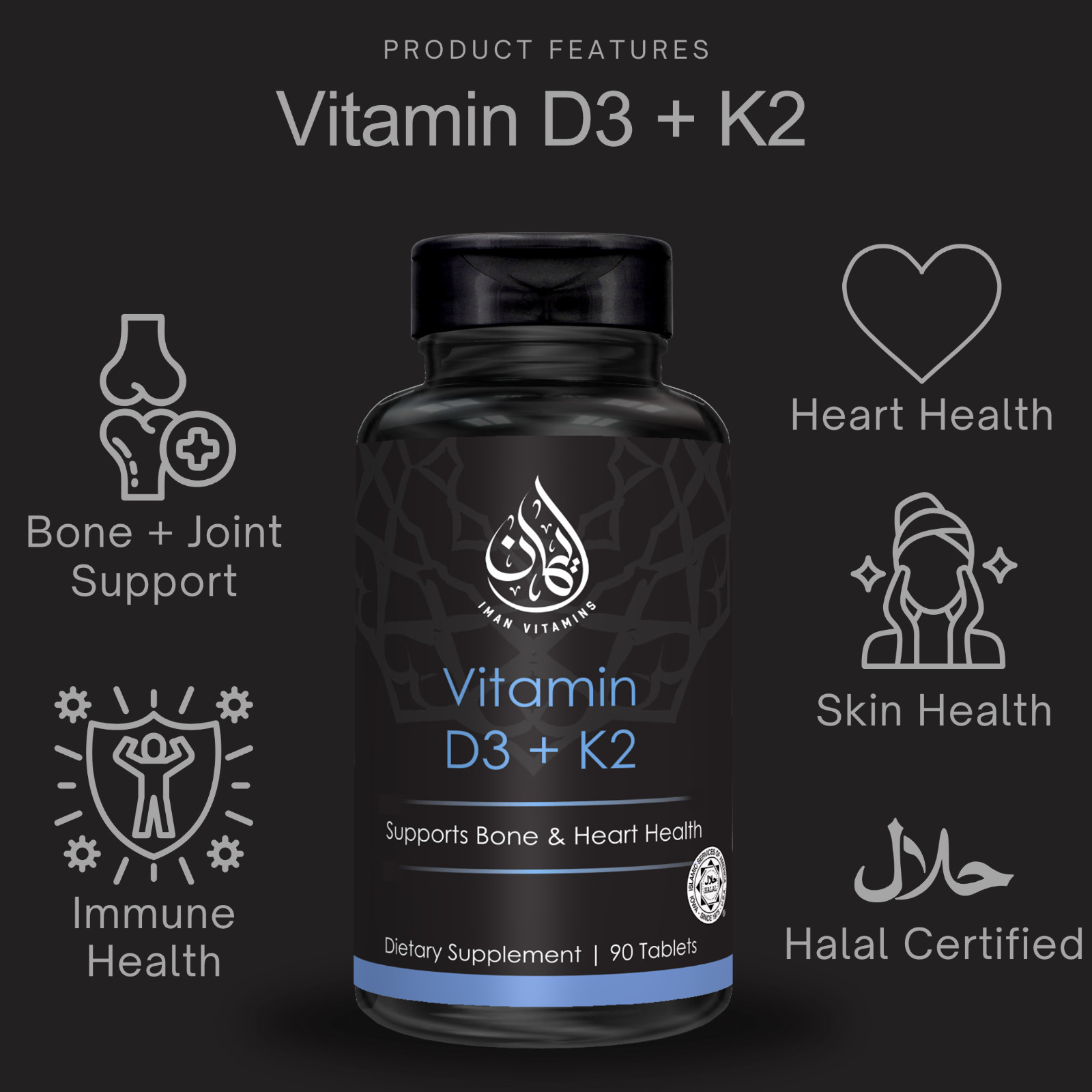 Iman Vitamins Halal Vitamin D3 with K2, Chewable Tablets, 2000 IU, 90 count
