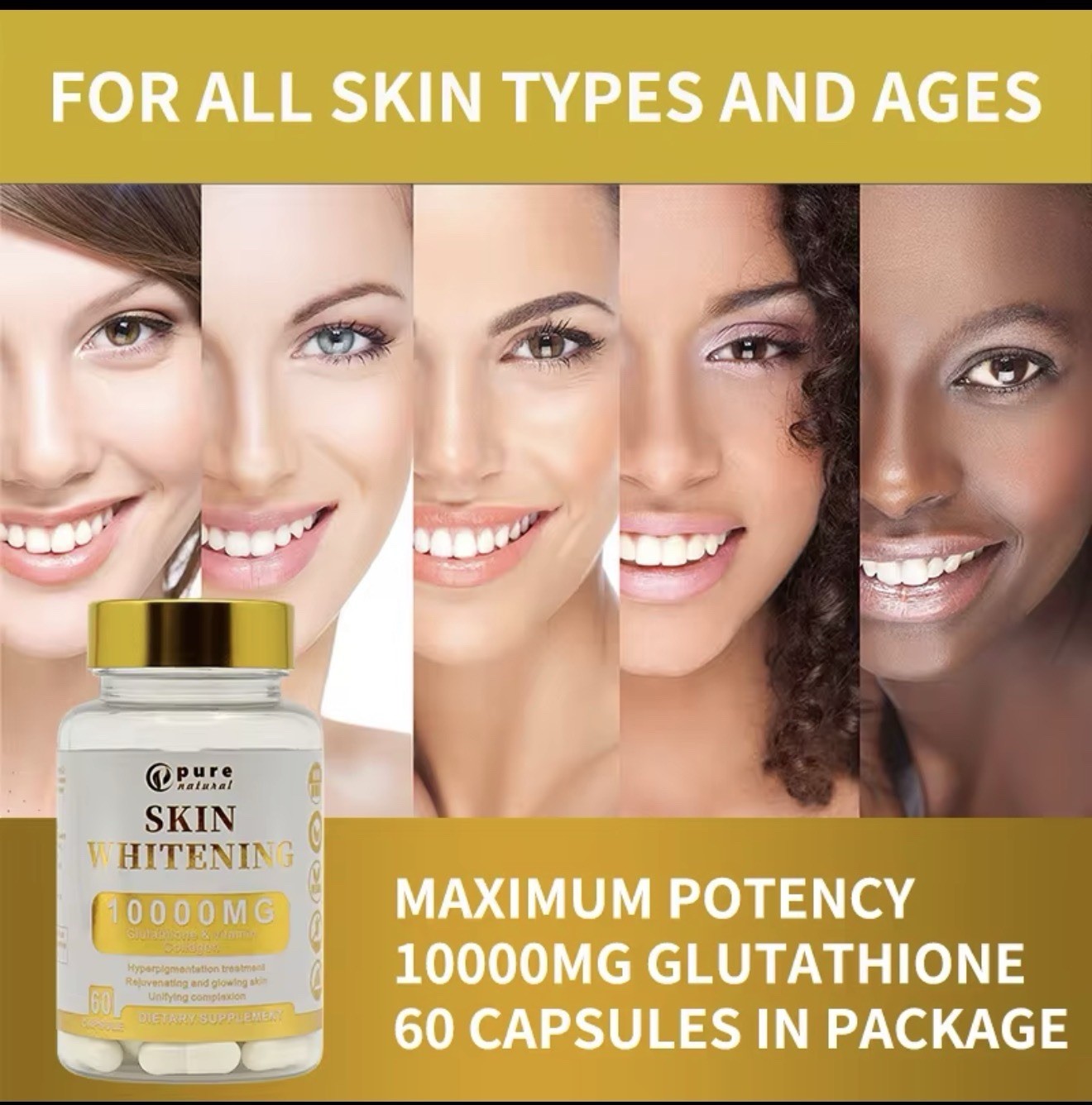 Pure Natural Skin Whitening 10000mg Glutathione & Collagen Dietary Supplement 60