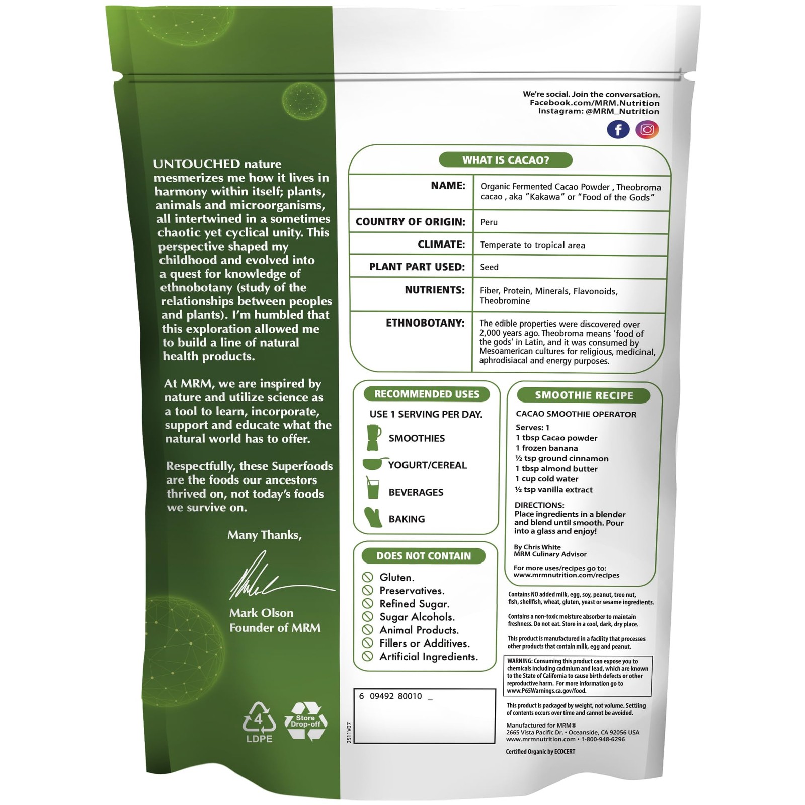 MRM Nutrition Organic Fermented Cacao Powder 8.5 Ounce (Pack of 1), No Color
