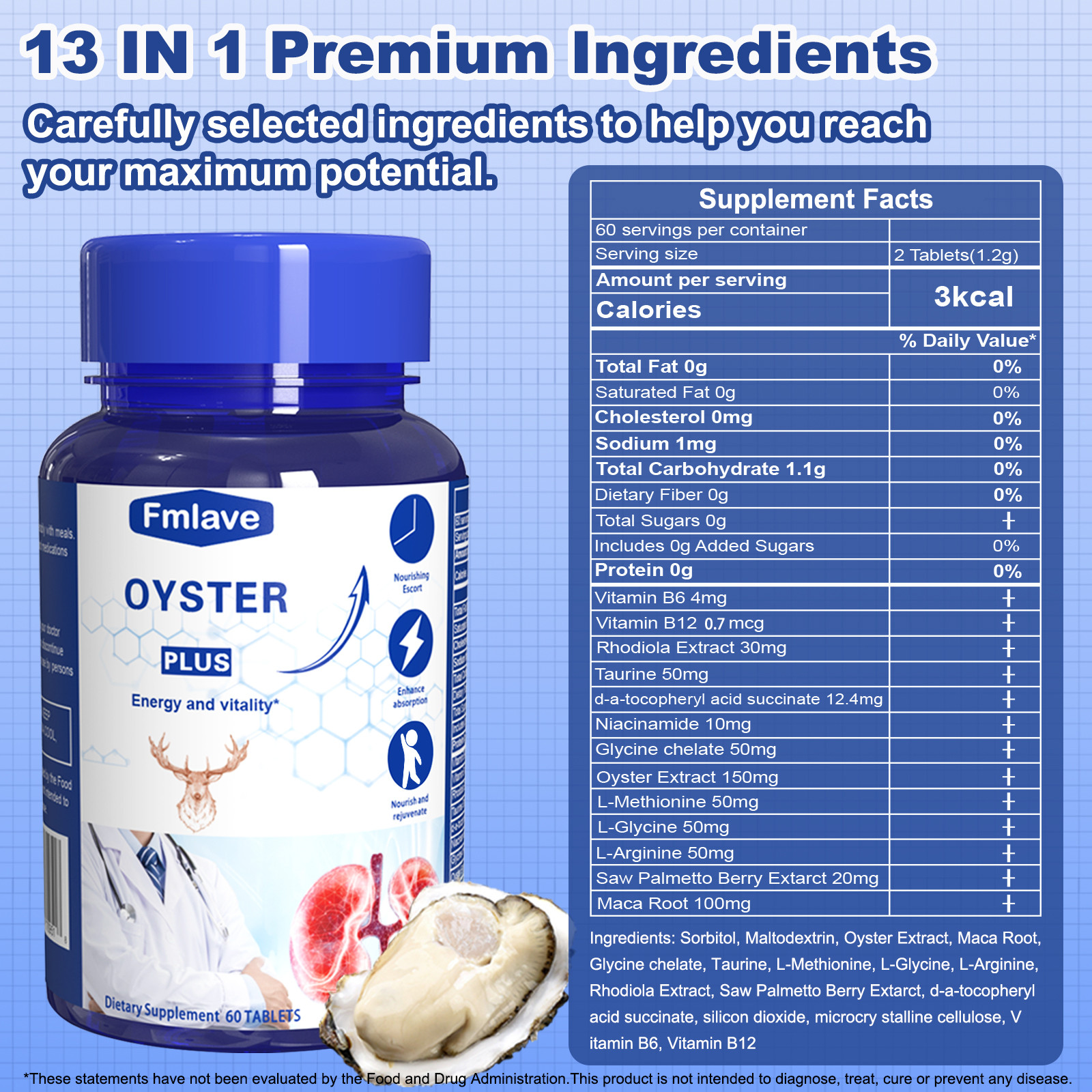 Men’s Vitality Supplement 60 Tablets Oyster Extract Mens Energy & Immune Support