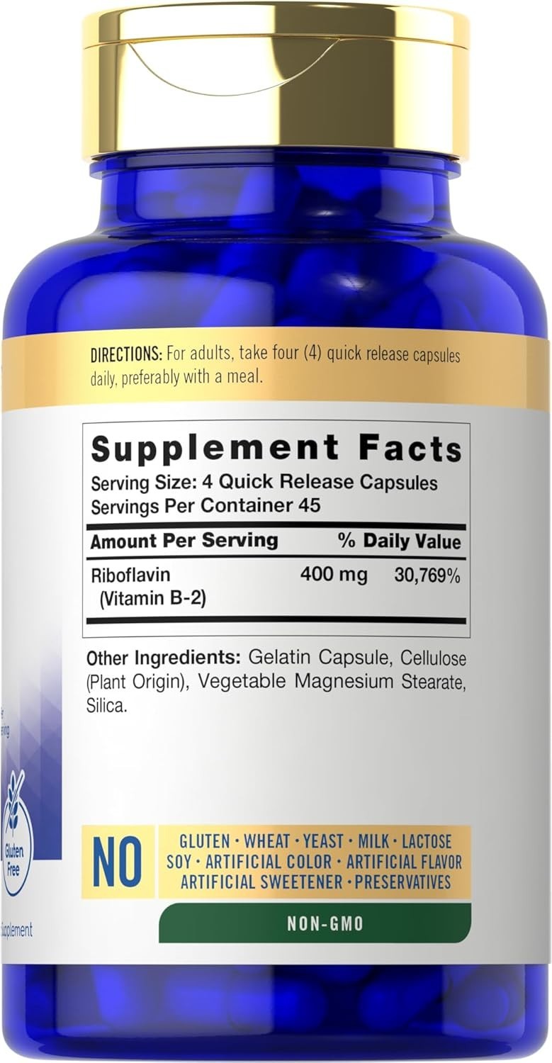 Carlyle Vitamin B-2 400mg 180 Count Non-GMO Gluten Free Supplement B2 Riboflavin