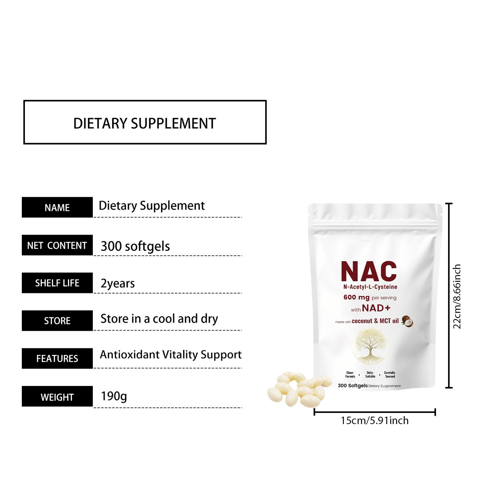 NAC 600mg with NAD+, 300 Coconut MCT Oil Softgels | L Acetyl N Cysteine & Nicoti
