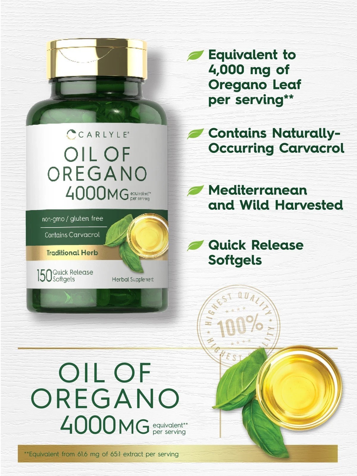 Oregano Premium Essential Oil 4000 mg 150 Softgel Capsule Supplement Pills |