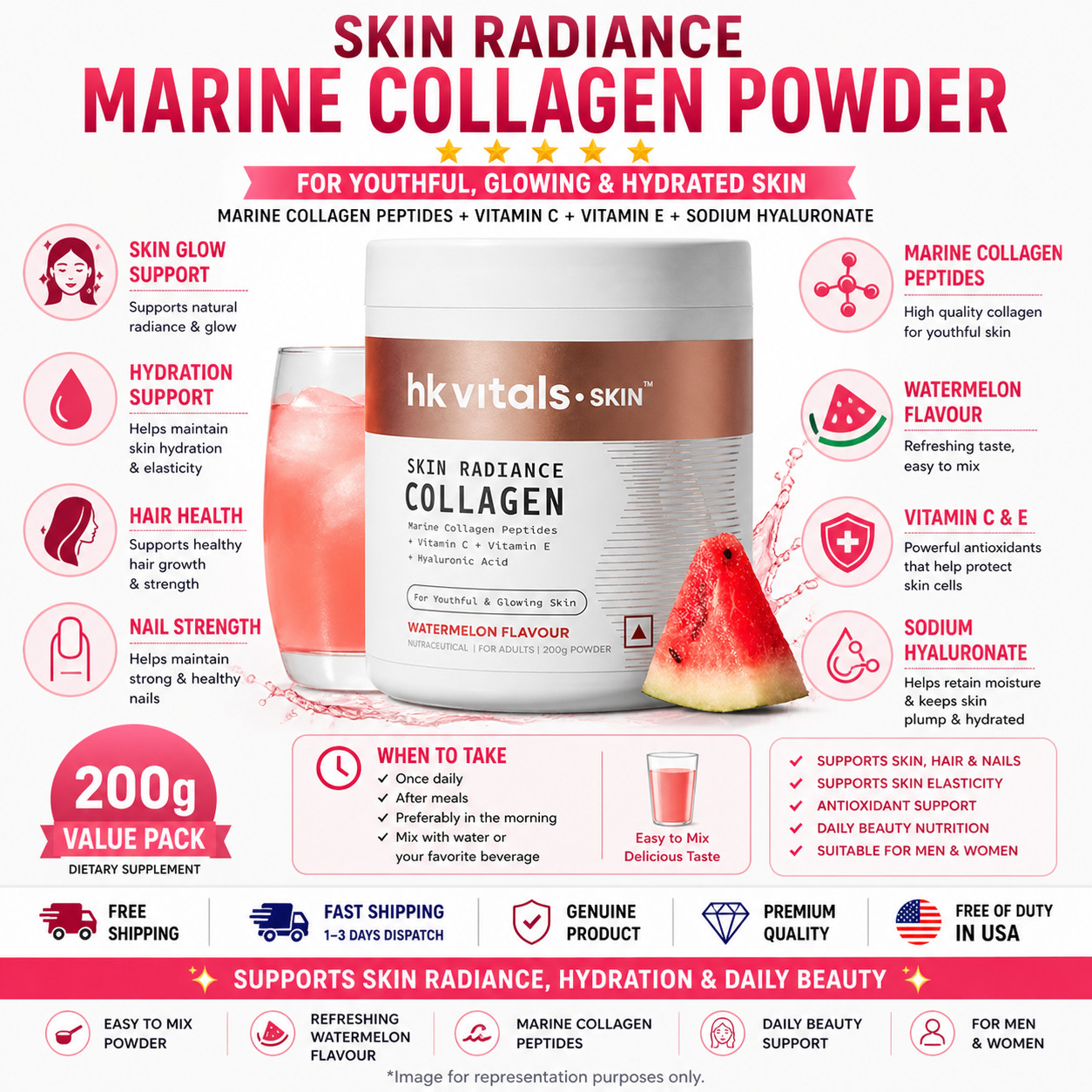 HK Vitals Marine Collagen Watermelon Powder Vit C E Skin Hair Nails 200g