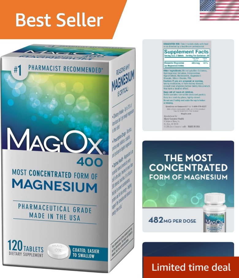 Mag-Ox 483mg Magnesium Tablets – Pure Energy Booster, 120 Count for Wellness