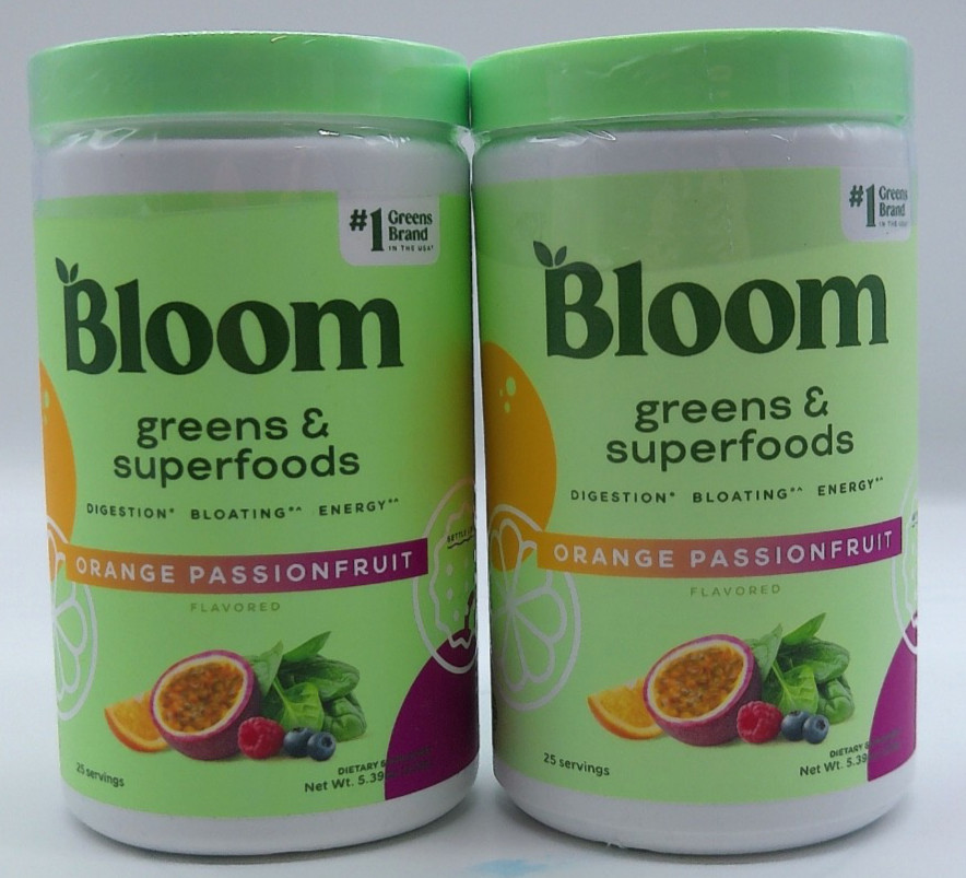 2- Bloom Greens & Super Foods, Orange PassionFruit Flavor, 5.39 Oz. Each, 12/26