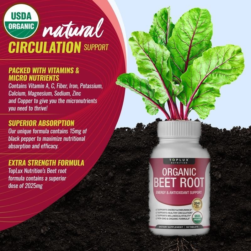 2 BOTTLES–NEW TopLux Organic Beet Root 2040mg––Energy Circulation & Antioxidant