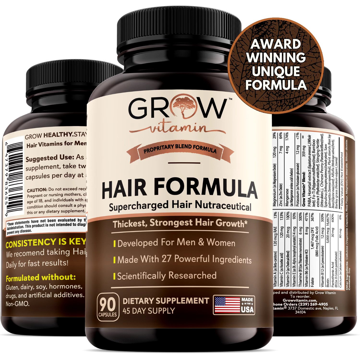 Hair Growth Formula for Healthy Hair, Skin & Nails for Adults, 90 CAPSULES 45DAY