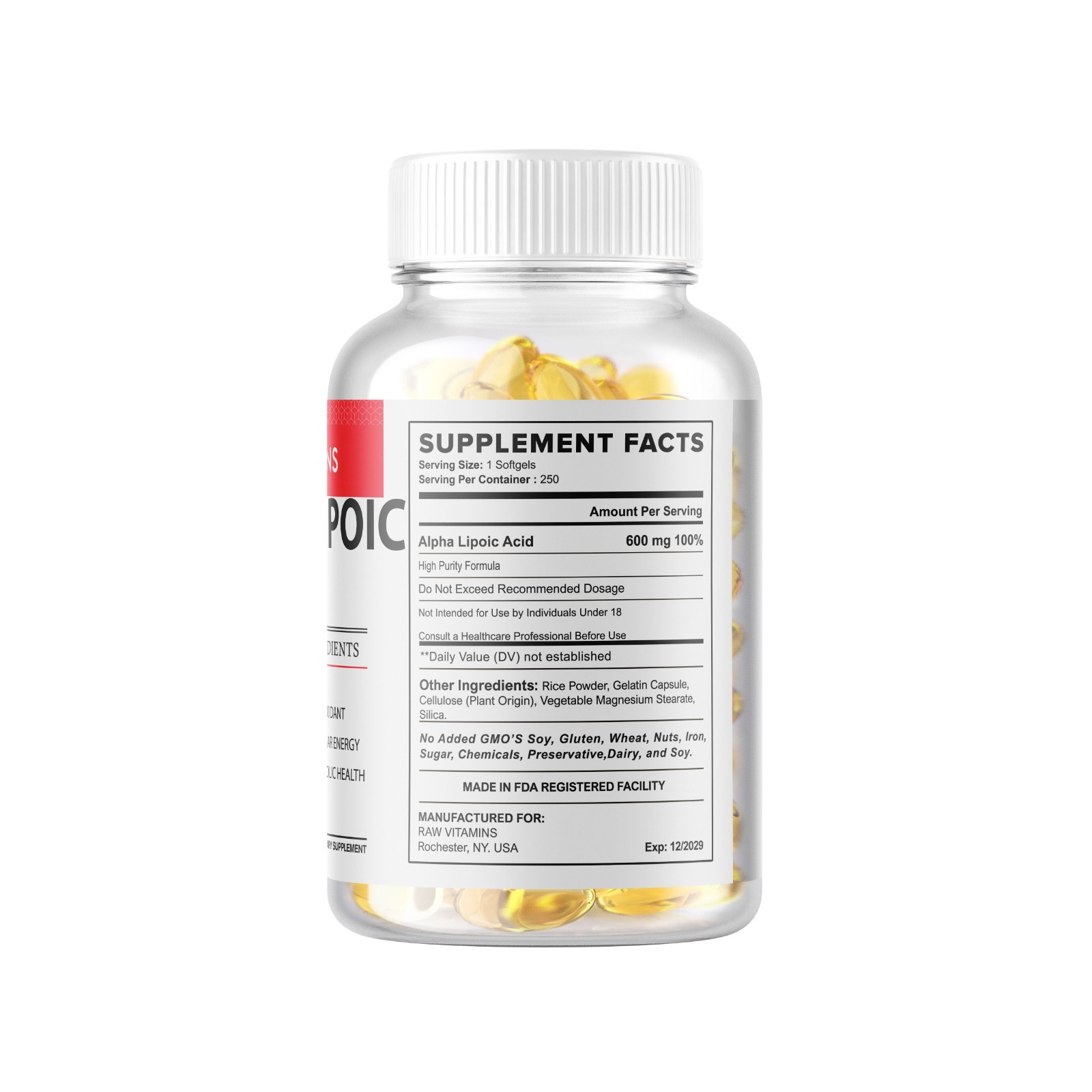 Alpha Lipoic Acid 600mg Per Serving 250 count 250 servings