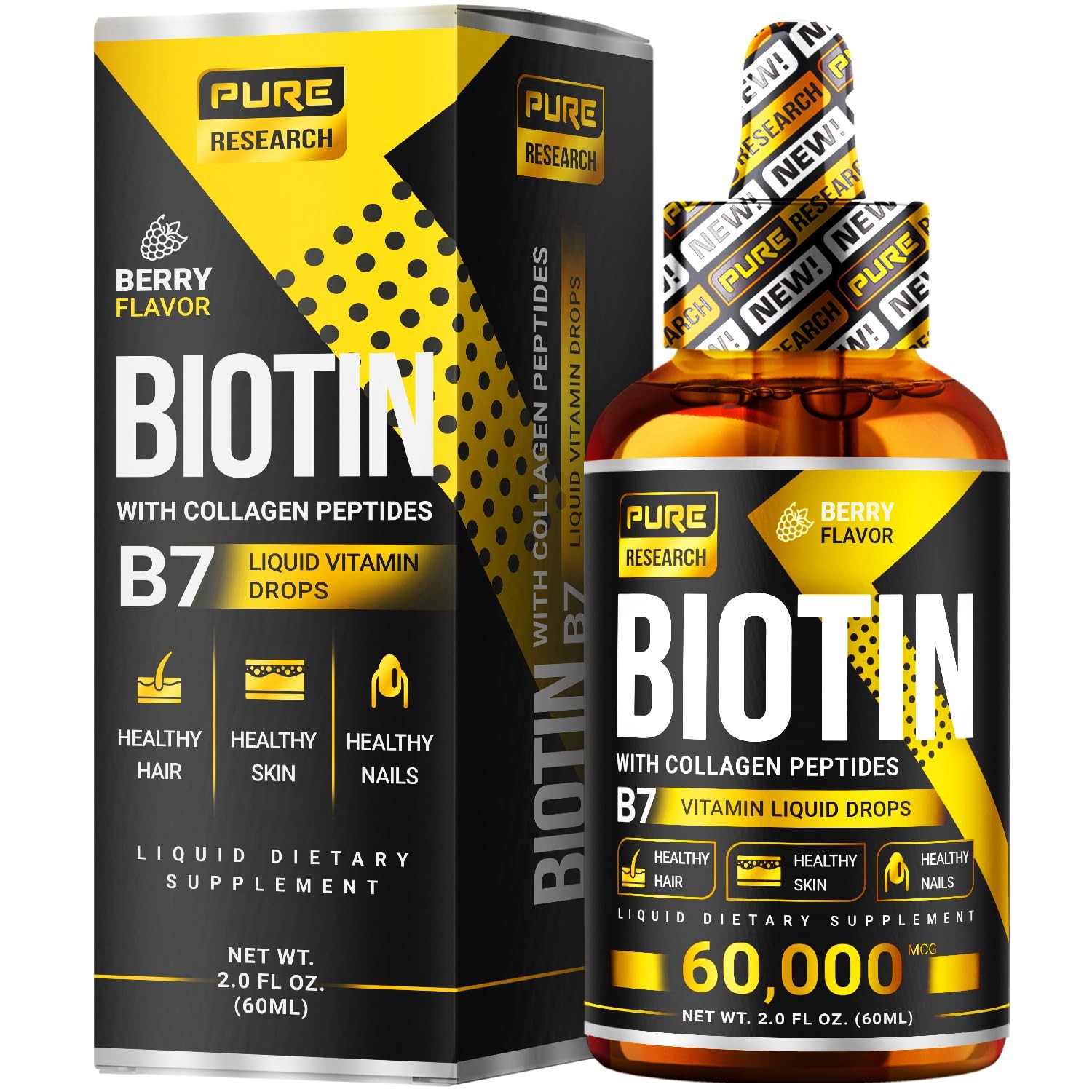 PURE RESEARCH Liquid Biotin & Collagen Hair Growth Drops 60,000mcg – Biotin a…
