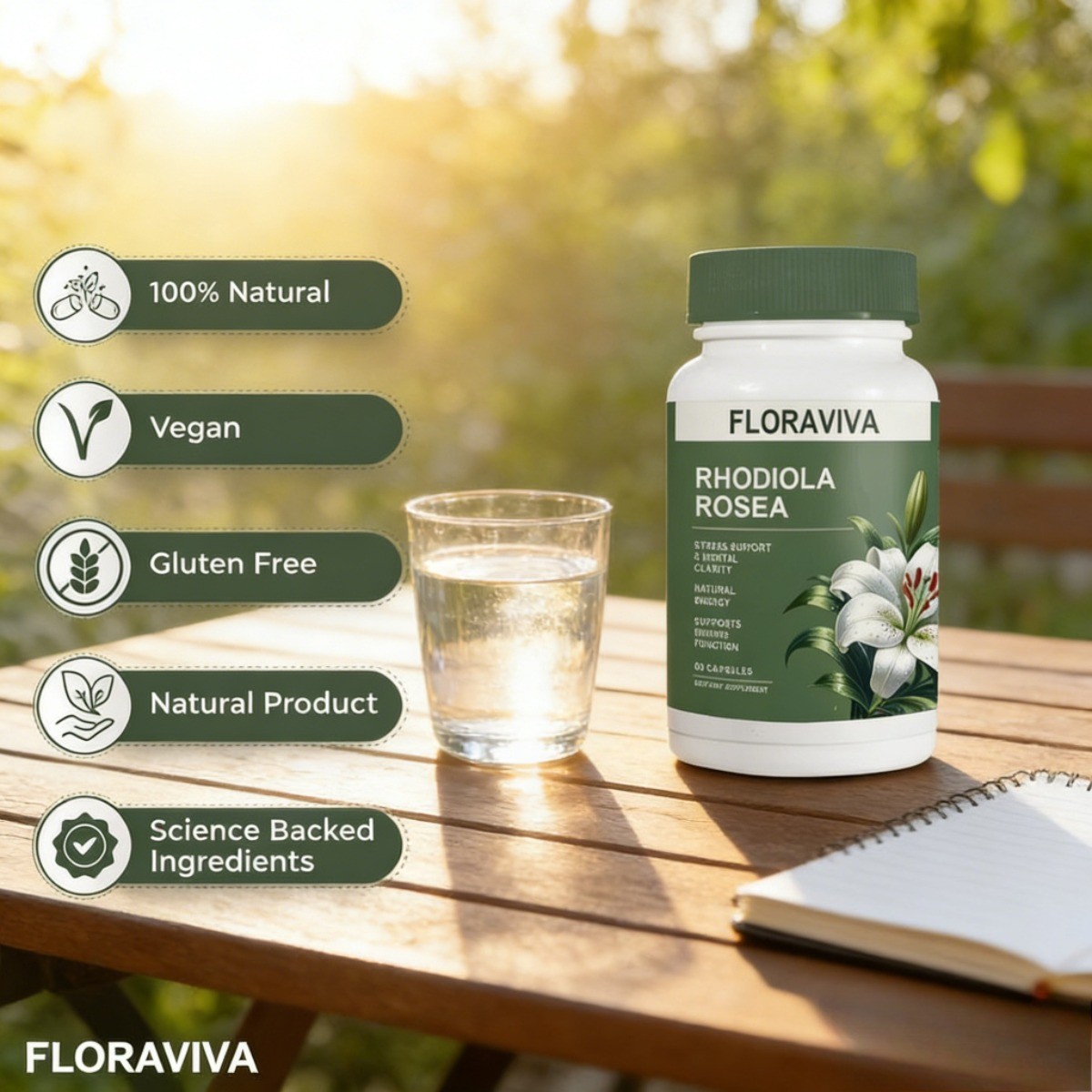 Floraviva Rhodiola Rosea 500mg Organic Extract – Stress Relief, Vegan, 60ct