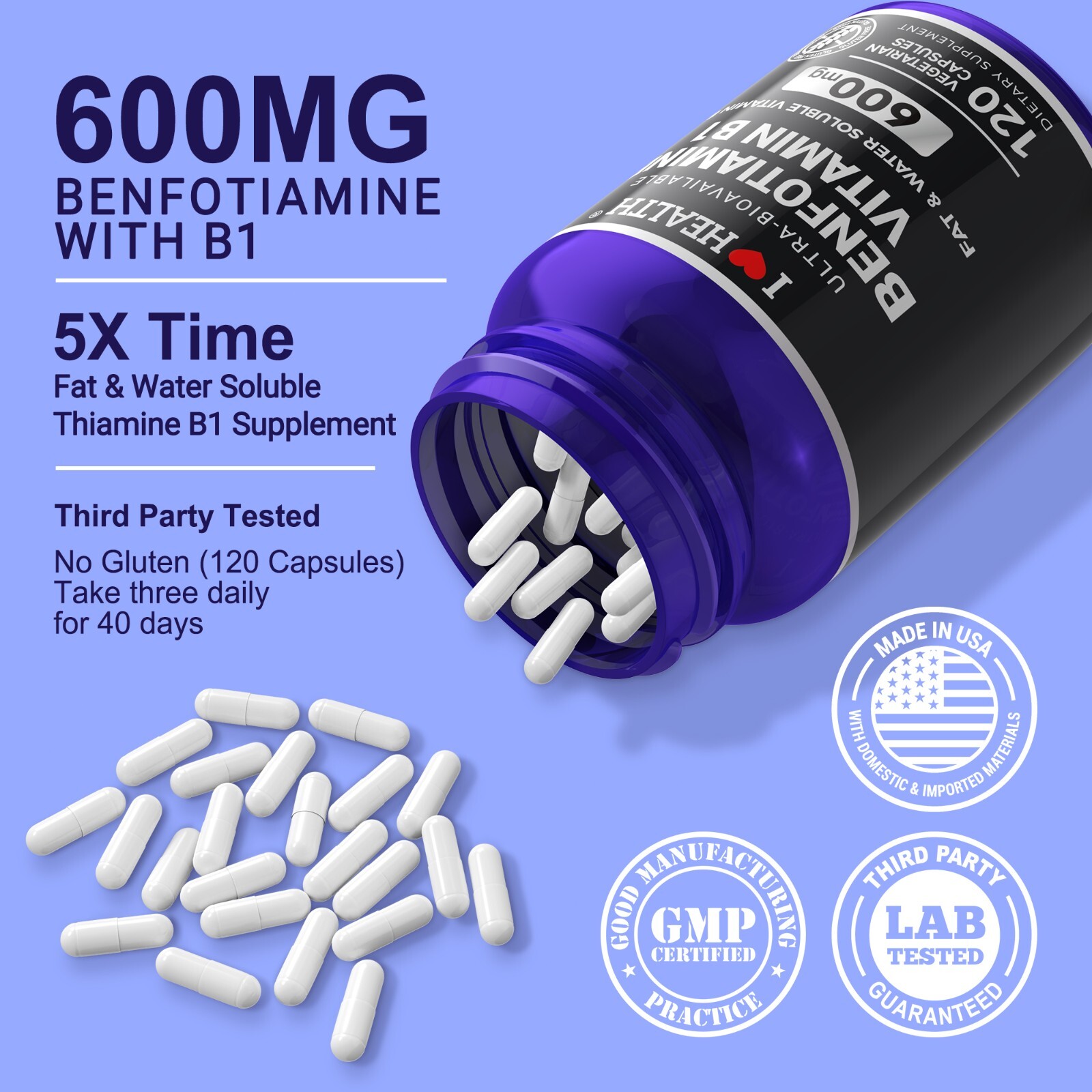 Vitamin B1 Extra Strength 600 MG High Potency Non-GMO, 120 Capsules