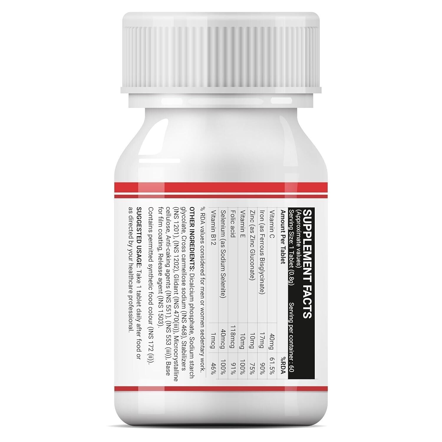 INLIFE Iron with Folic Acid, Zinc, Vitamin C, E & B12 (60 Tablets)