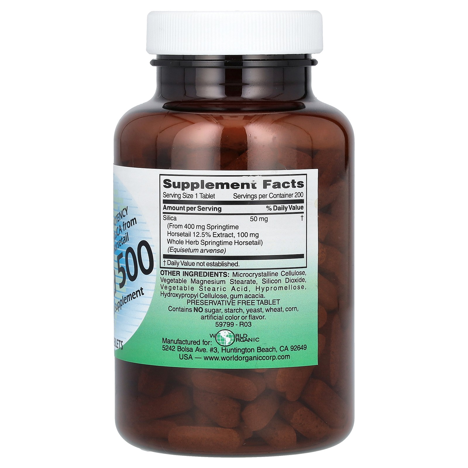 World Organic Silica 500 200 Tablets No Artificial Colors, No Artificial
