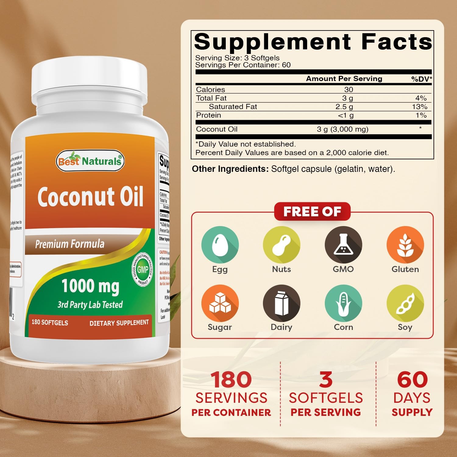 Best Naturals Extra Virgin Coconut Oil 1000 mg Softgel, 180 Count
