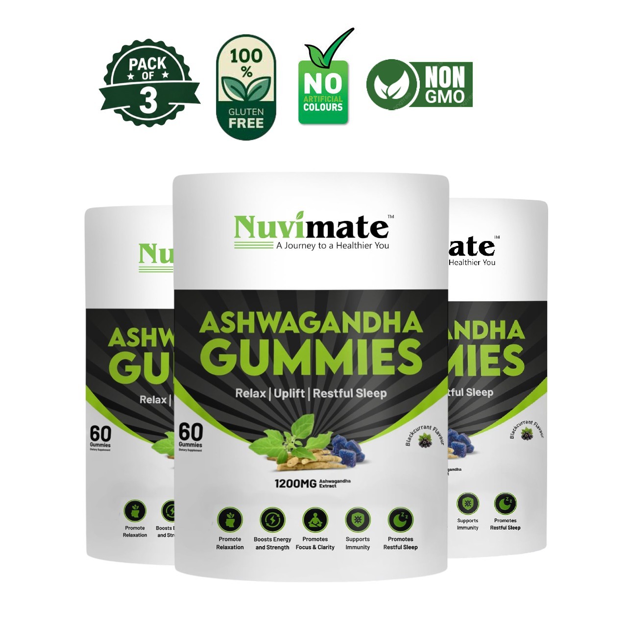 NUVI.MATE Ashwagandha Gummies 1200mg 60 Pack of 3