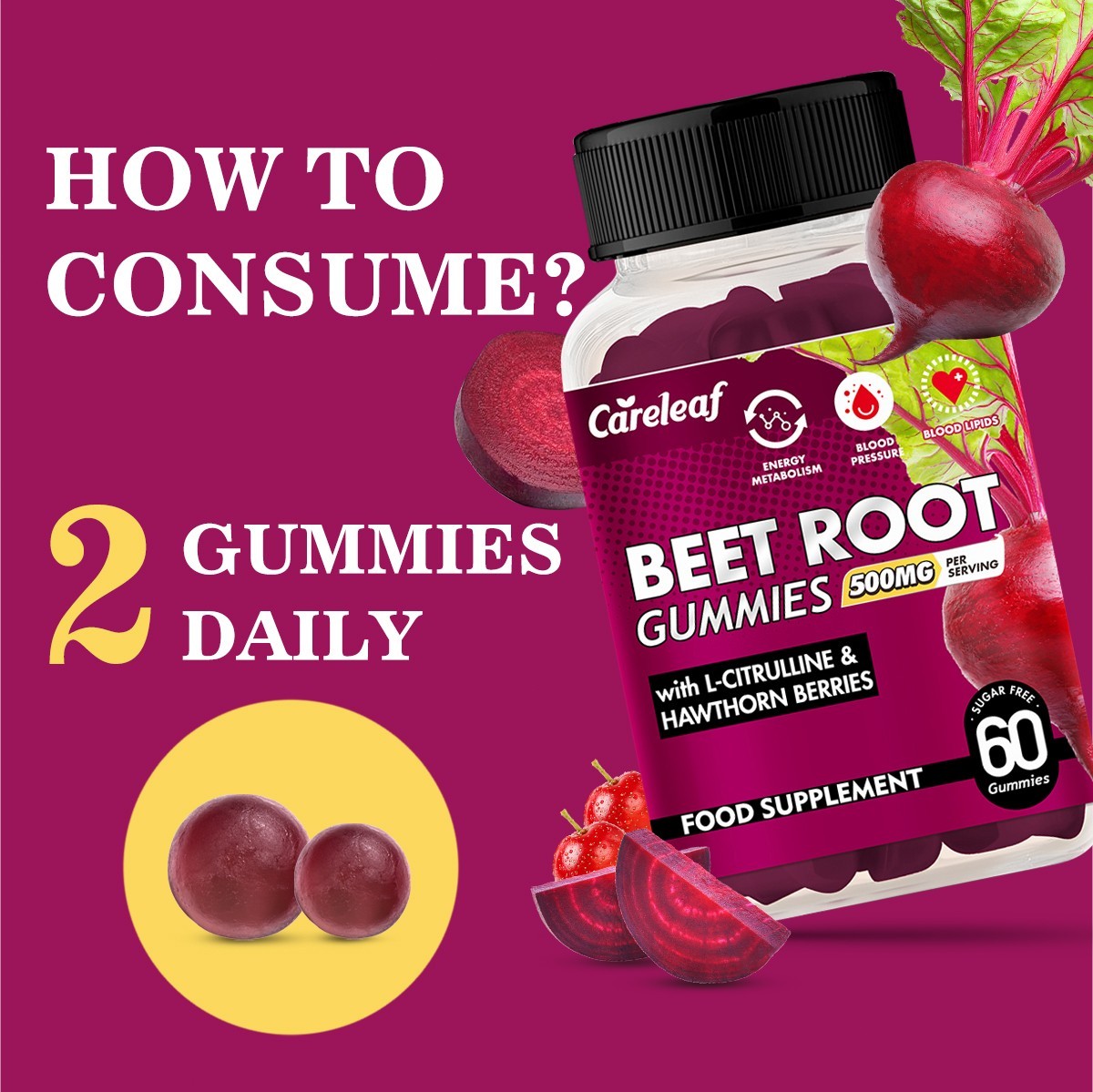 Careleaf Beetroot Gummies 500mg Energy Booster 60Ct