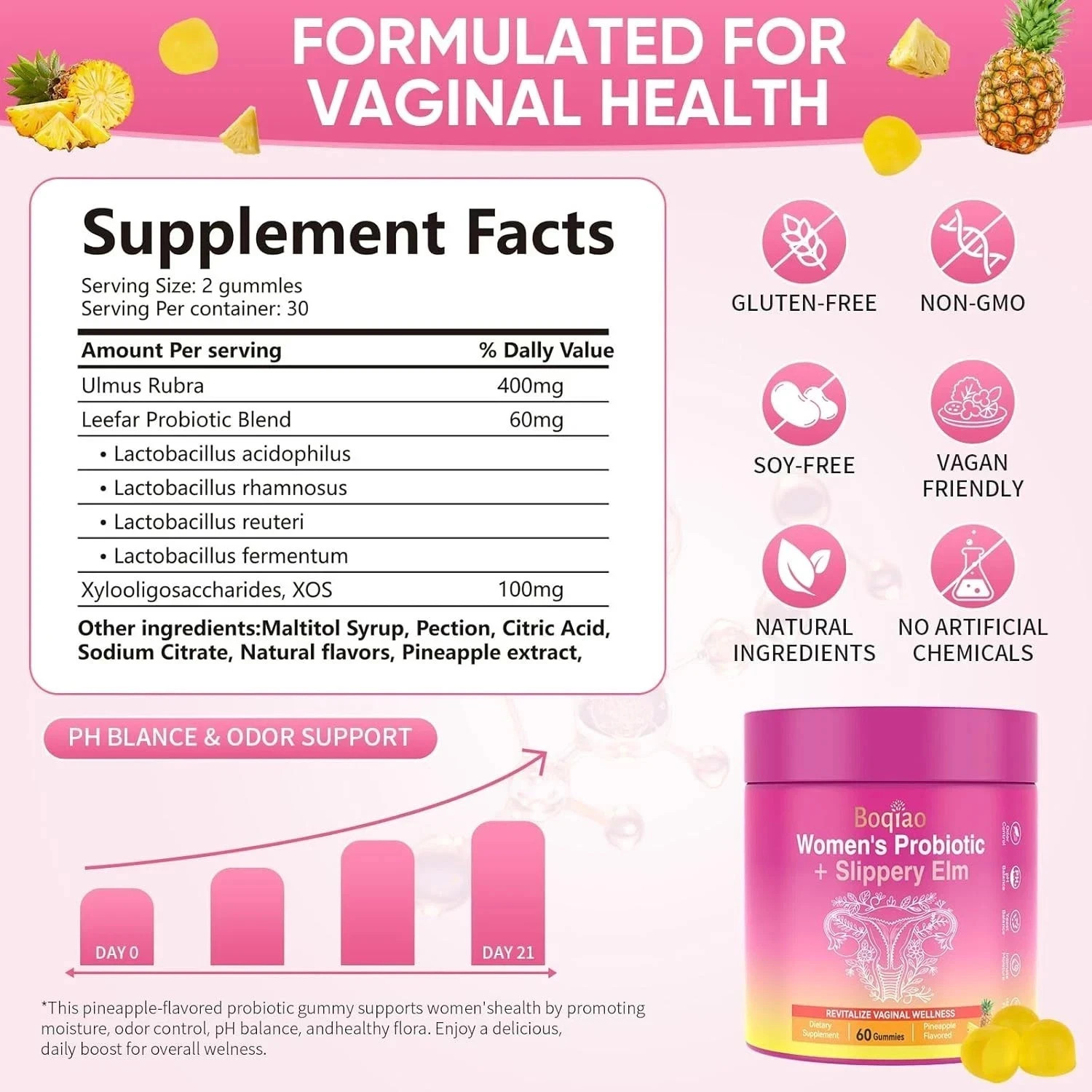 Probiotic Gummies + Slippery Elm Support Flora Women ph Balance Pineapple Flavor