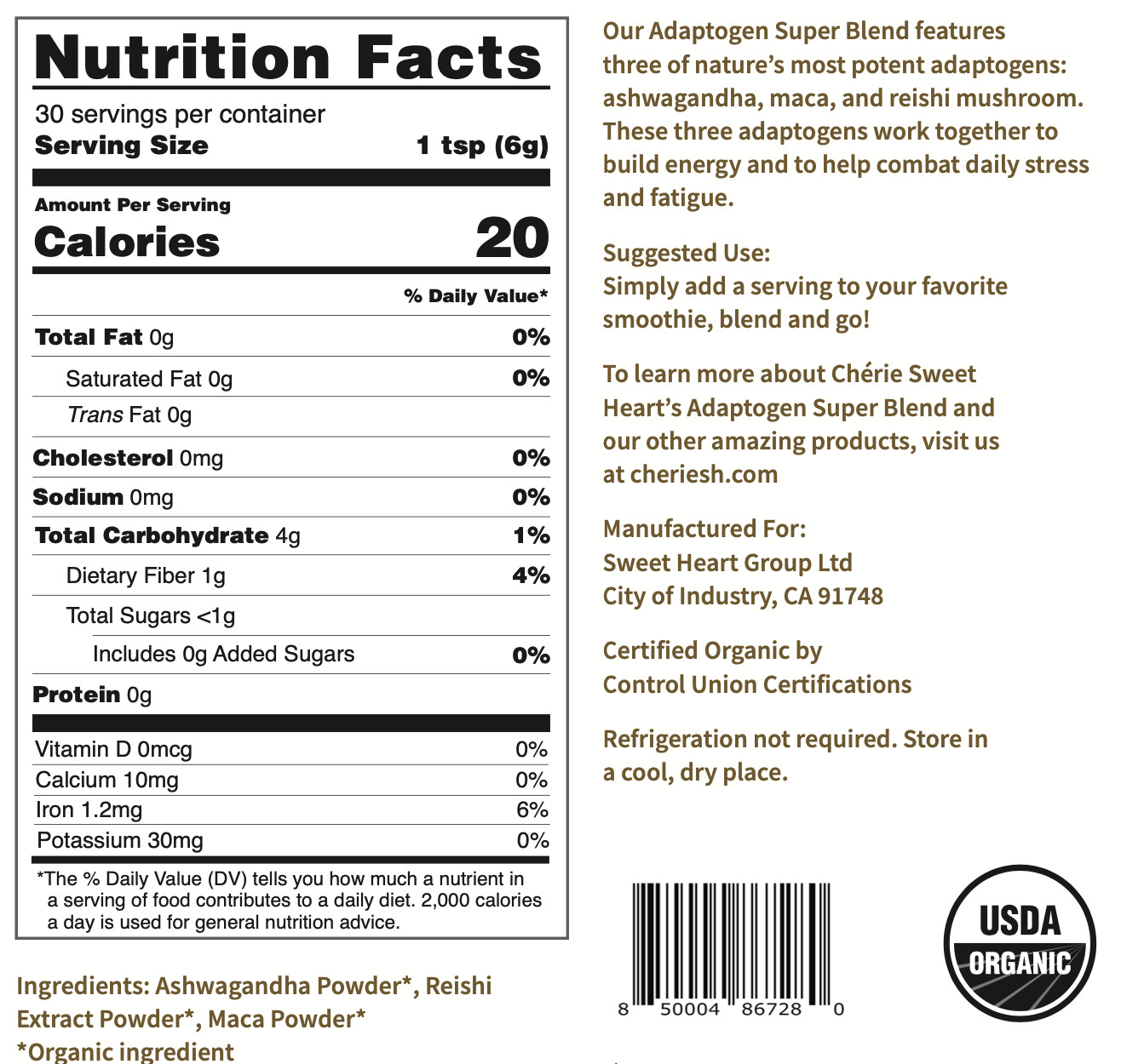 Organic Adaptogen Super Blend, Maca + Reishi + Ashwagandha, 6 oz (170 g)
