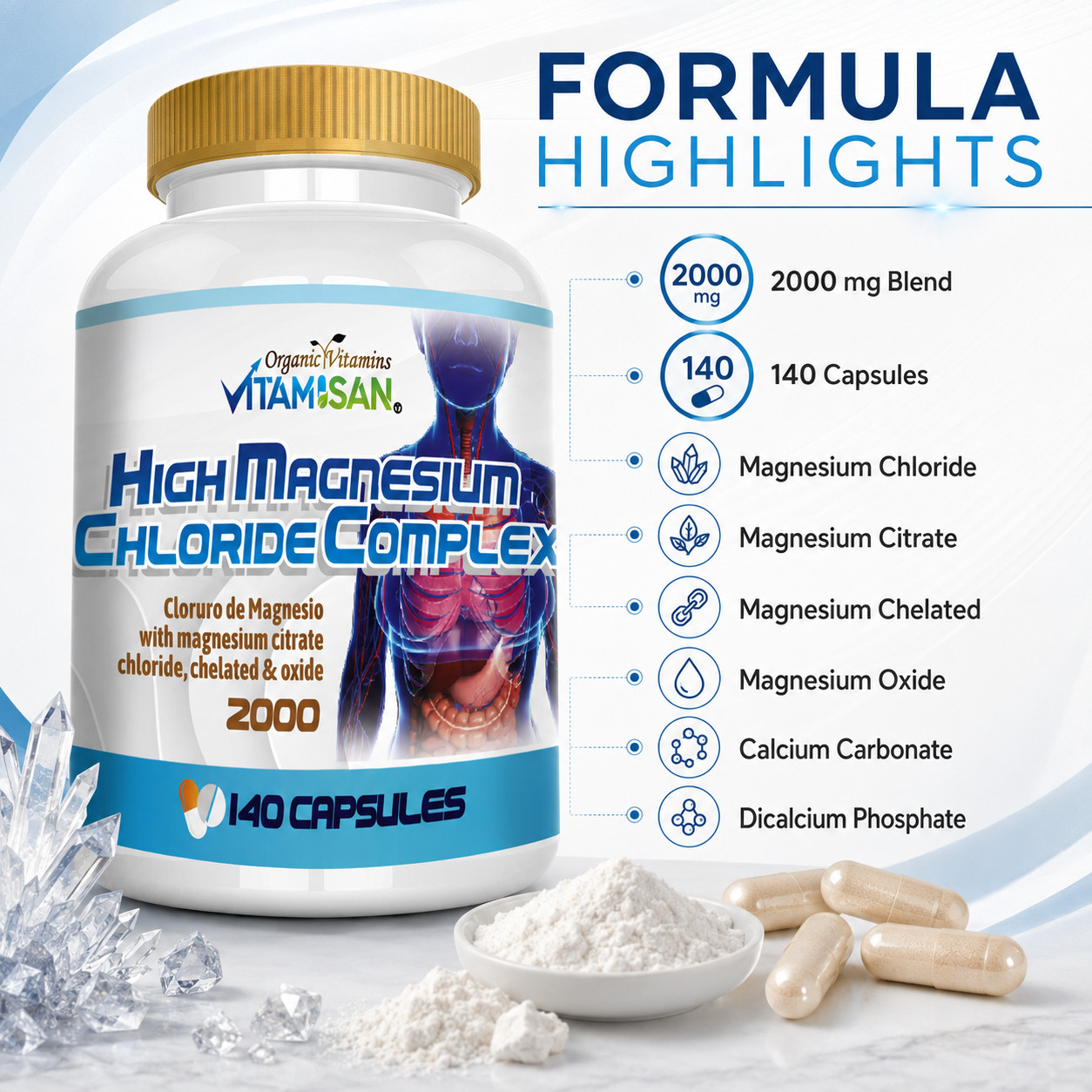 Magnesium Chloride (Cloruro de Magnesio) 2000 mg 280 capsules- 2 bottles