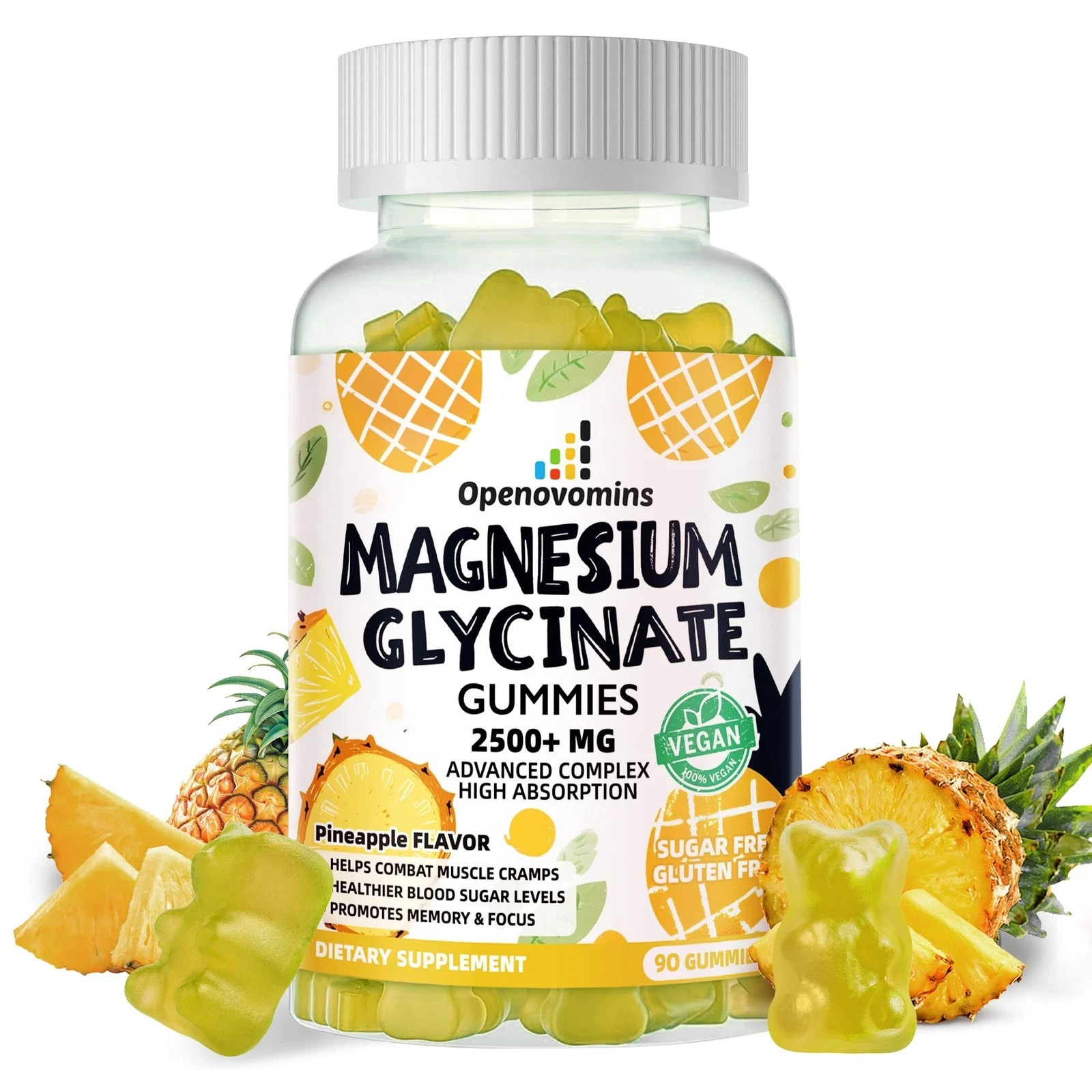 Magnesium Glycinate Gummies 2500mg – Sugar 90 Count (Pack of 1), Pineapple