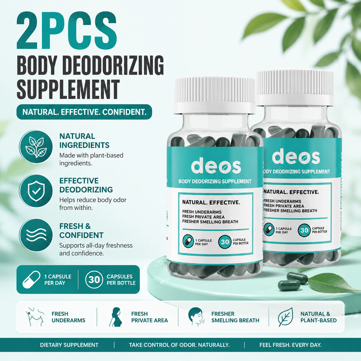 2 PACK DEOS 30-Capsule Deodorant Supplement for Full Body Odor Control, Internal