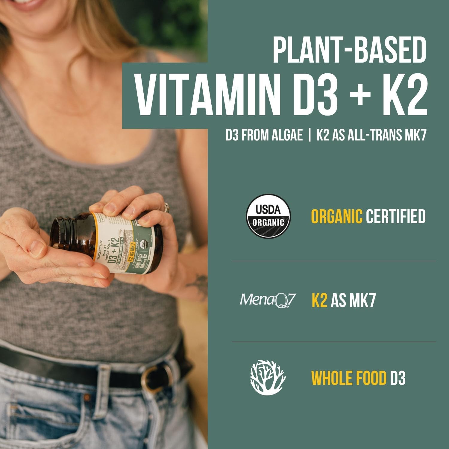 Organic D3 K2 Vitamins 5000 IU + 120 mcg MK7 | Vegan Whole Food Supplement – 60