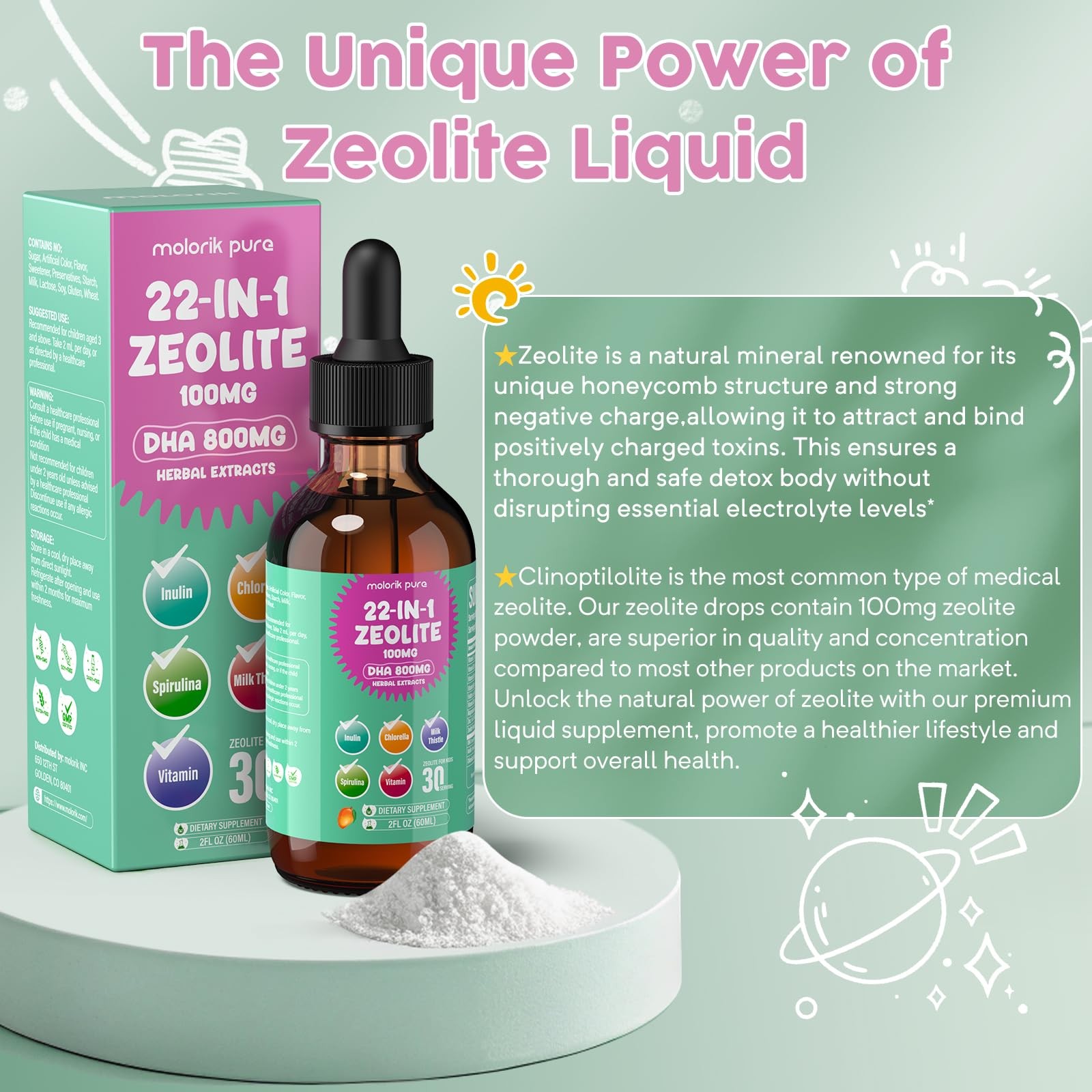 Zeolite Detox for Kids and Adults, Herbal Detox with 800mg DHA, 500mg Inulin,…