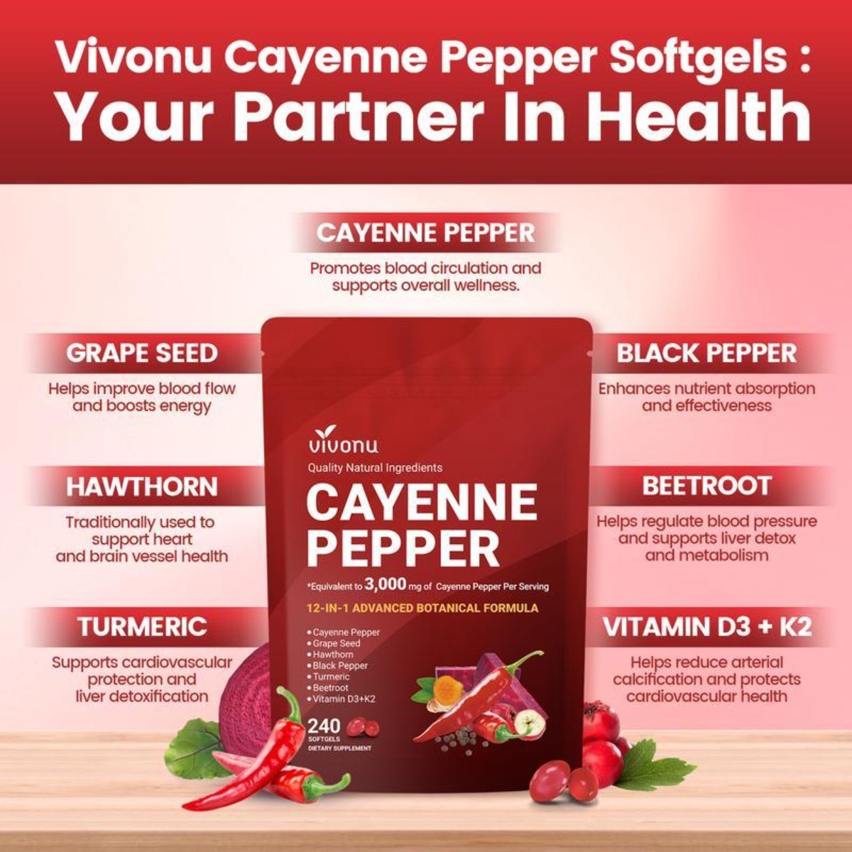 VIVONU Cayenne Pepper Softgels – Supports Leg Vein, Heart & Circulation