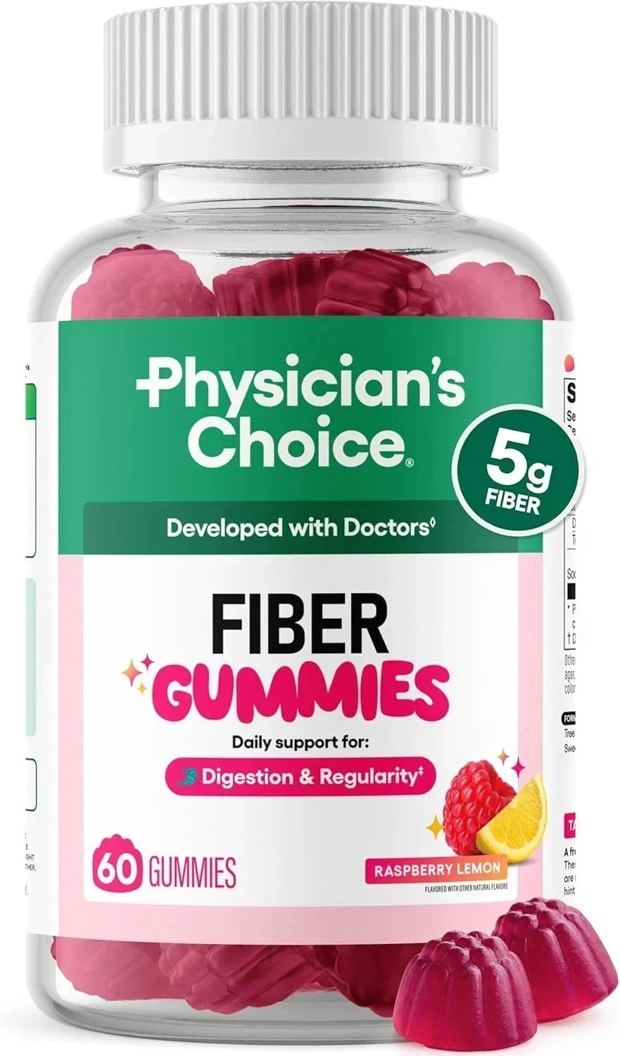 Physician’s Choice Fiber Gummies for Digestive Health & Regularity – Raspberry –