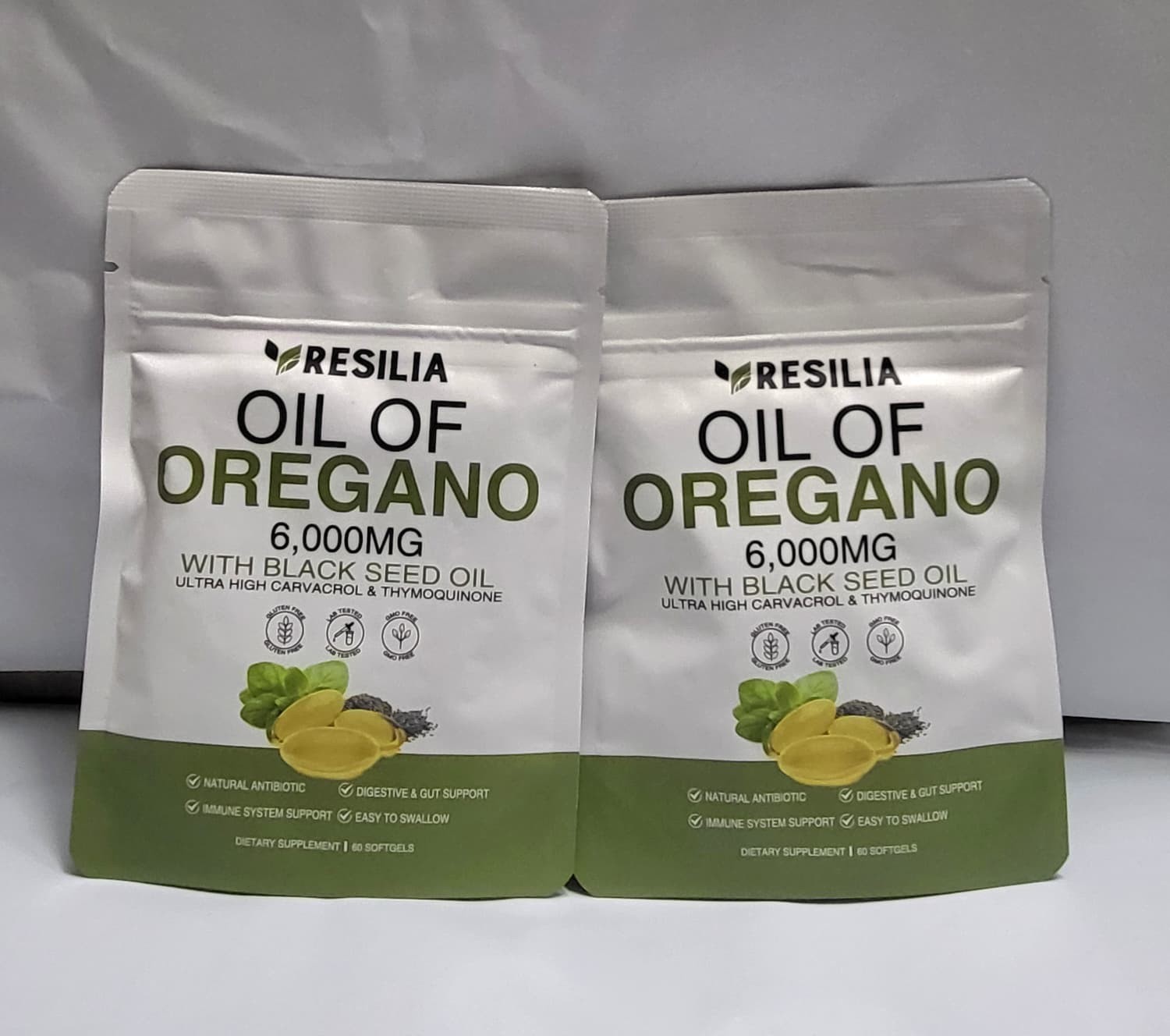 2 Sealed Resilia Oil Of Oregano 6,000 Mg, With Black Seed Oil, 60 Softgels Each