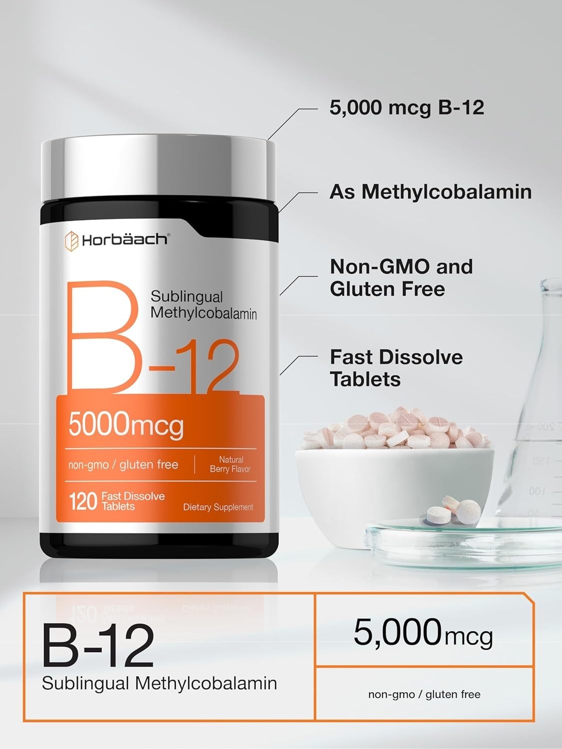 Horbäach B12 Vitamin 5000 mcg | 120 Fast Dissolve Tablets | Sublingual Methylcob