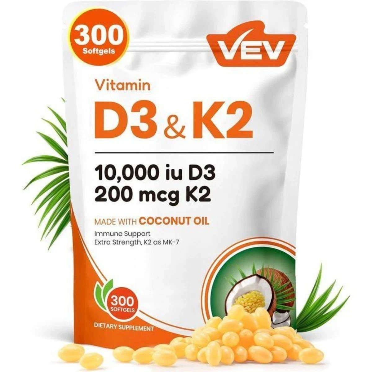 VEV Vitamin D3 Virgin 10000 300 K2 Coconut Oil Softgels, 2 In 1 Vitamins Supplem