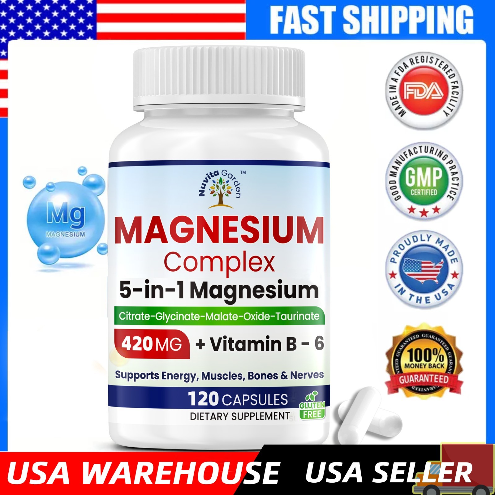 Magnesium 420mg Complex – 5 Forms + B6 – High Absorption – 120 Caps 60 Day