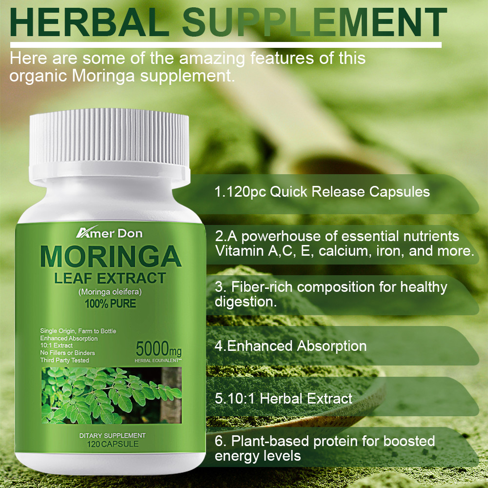 120 Capsules Moringa Oleifera Leaf Powder 5000mg – Organic Herbal Extract