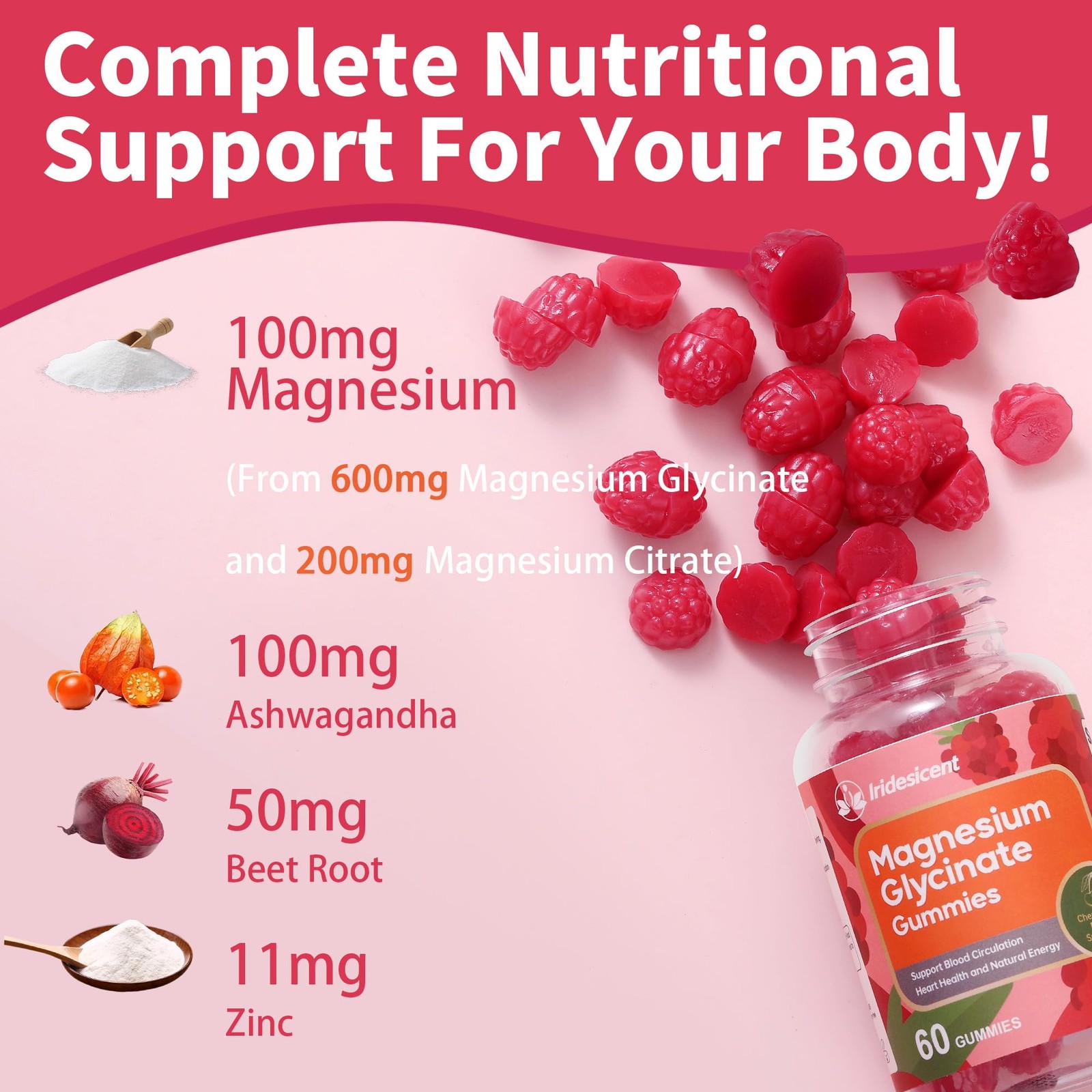 IRIDESICENT Magnesium Glycinate Gummies, Sugar Free 60 Count (Pack of 2)